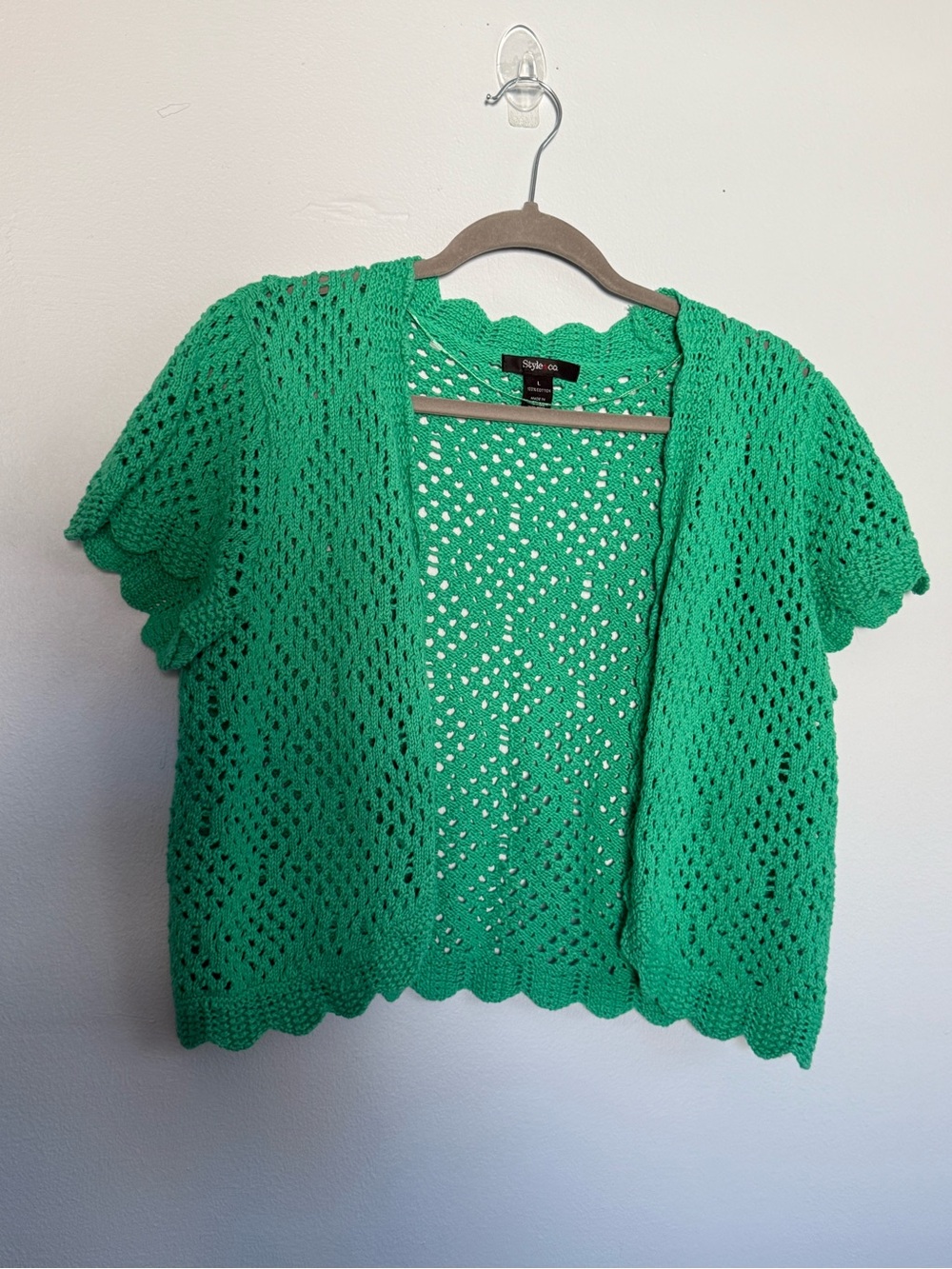 Style & Co. Bright Green Openwork Crochet Short-Sleeve Cardigan